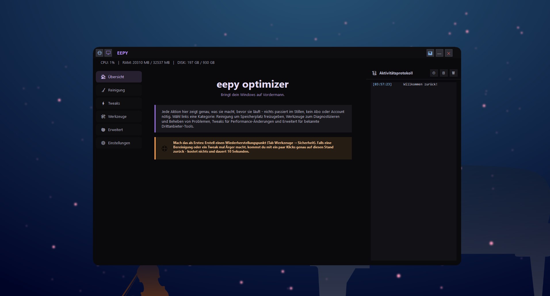 eepy optimizer overview tab with quick safe actions