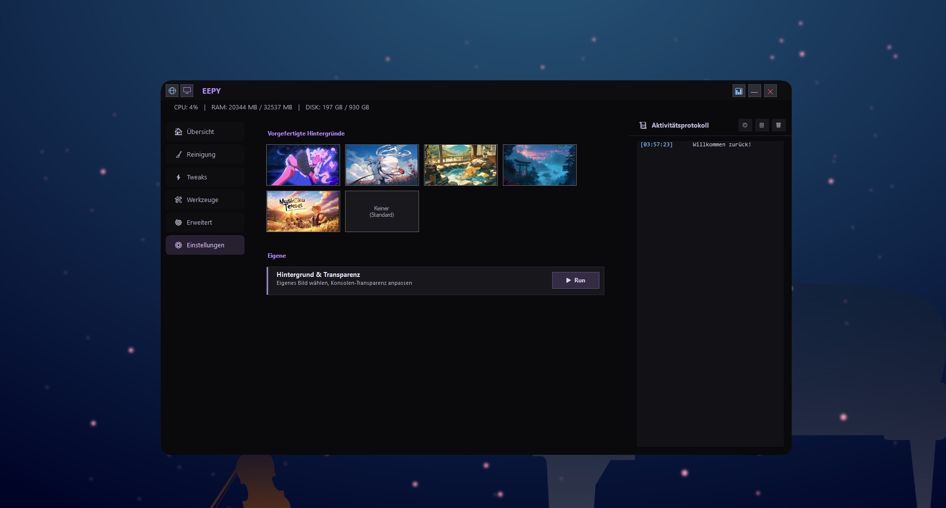 eepy optimizer settings tab with custom background picker