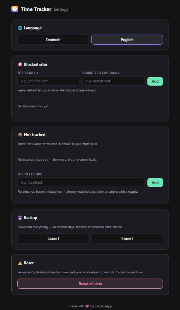 eepytab time tracker settings: blocked sites, exclusions, backup